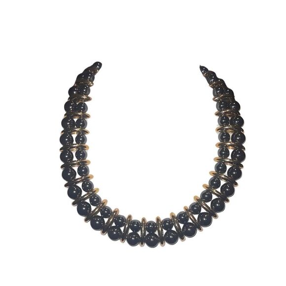 Vintage Quality Mint Monet Double Strand Beaded Gold & Black Choker Necklace